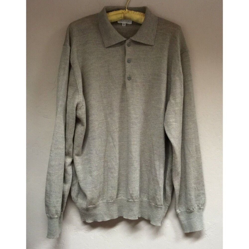 Valda Collection Mens 52 Pure Wool Long Sleeve Polo Sweater Gray Large Casual